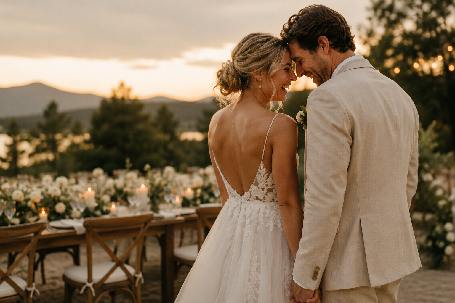 An intimate wedding moment at golden hour